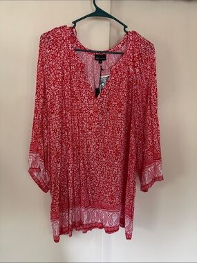 JNY Collection Red Paisley & Floral V-Neck Tunic Top